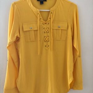 Yellow Tie Front Blouse with Mandarin Collar